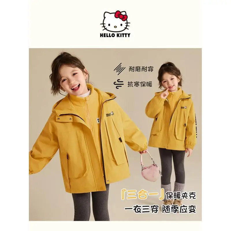 

Комплект Sanrio Hello Kitty 3-в-1: Теплое уютное пальто из поликоттона для девочек, осенне-зимний повседневный комплект 2025 года, новинка, три способа ношения