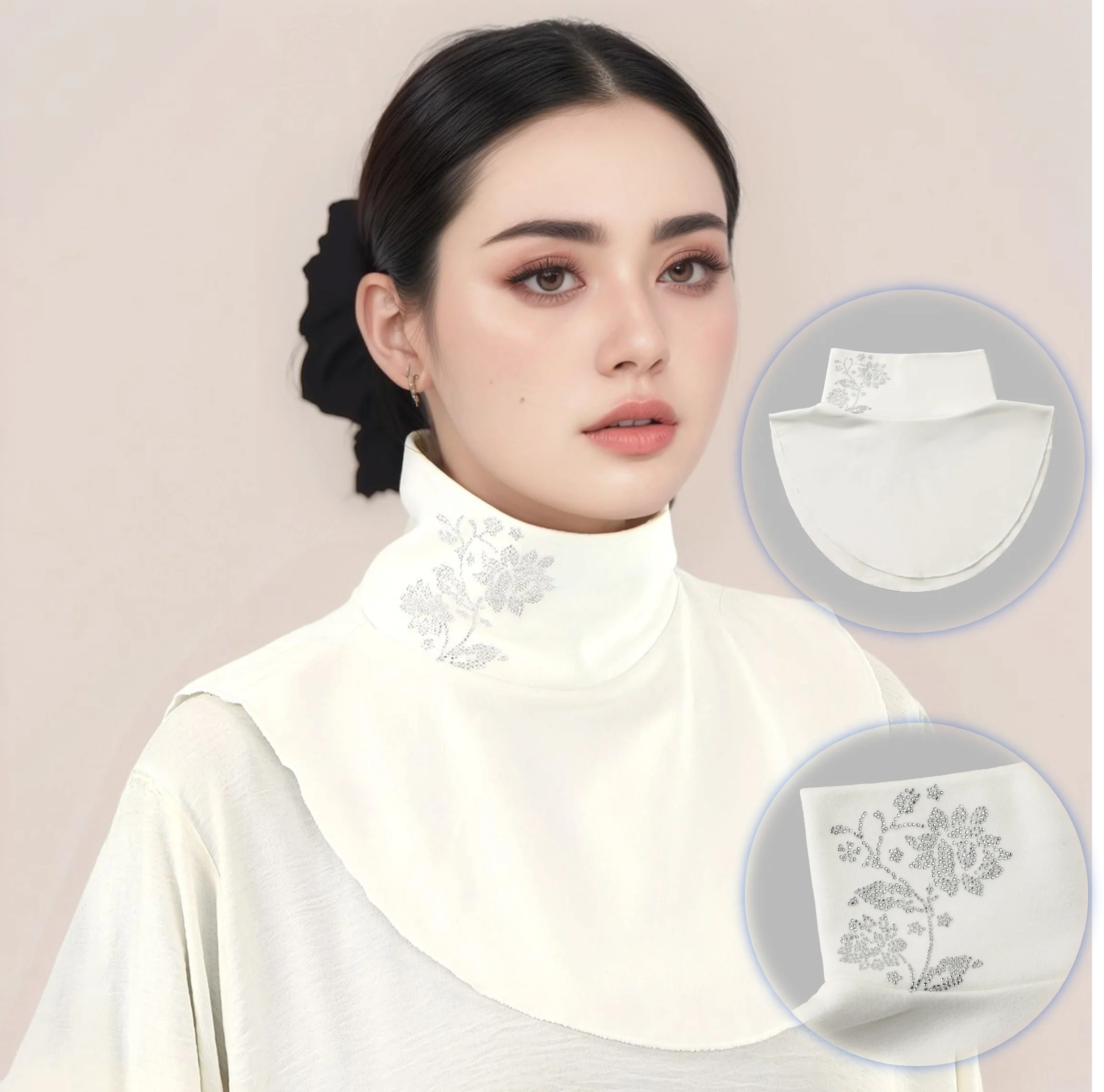 Women Detachable Fake Collar Autumn Winter Windproof Neck Warmer Floral Rhinestone False Collar Ideal Under Hijab Turtleneck