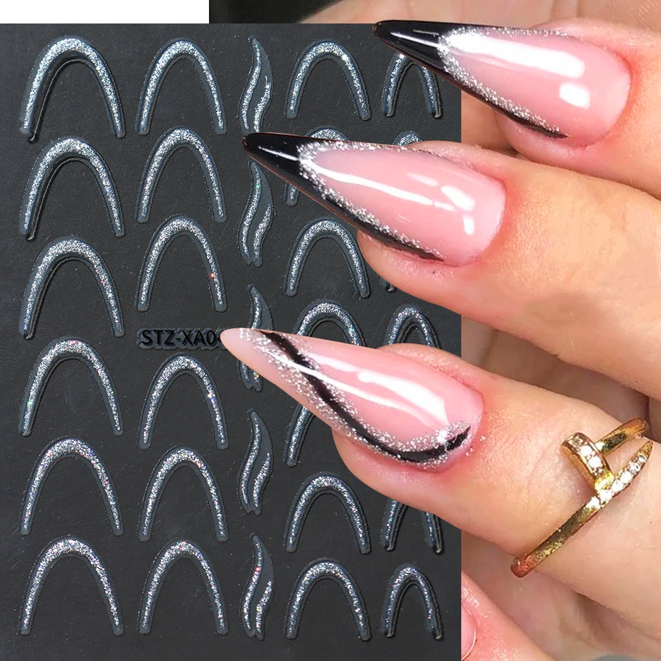 2pcs Glitter French Tips Nail Stickers 3D Silver Sparkly Wave Swirl Curve Stripe Lines Sliders Self-Adhesive Nail Supplies Decor