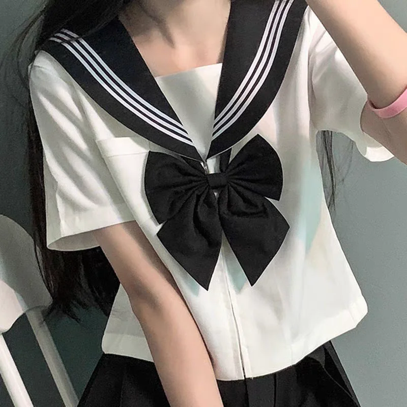 Basic JK Black Collar White Lines School Uniform Girl Sailor Suits Pleated Skirt Japanese Style Clothes Anime COS Costumes Women