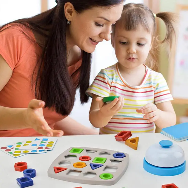 Juego a juego de formas para niños, juguetes de aprendizaje Montessori con campana y tarjetas, rompecabezas de formas geométricas de colores de madera, tablero sensorial