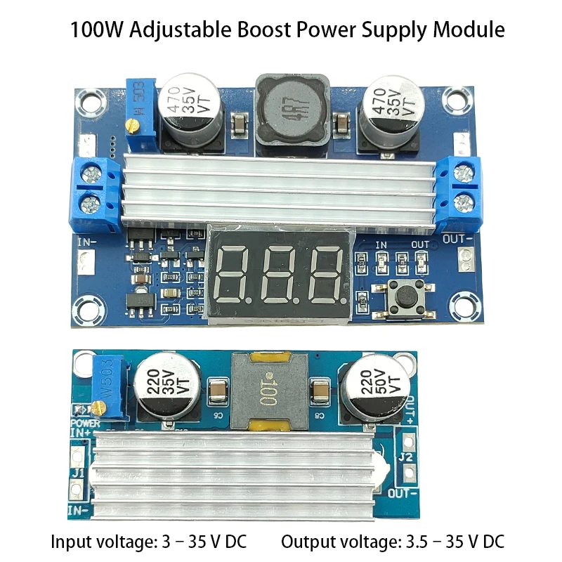 100W High-Power Adjustable DC-DC Boost Module Power Supply Digital Voltage Display 3-35V Input 3.5-35V Output for Electronics