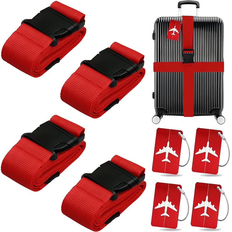 8-Piece Multi-Color Luggage Strap Set + Luggage Tag Set with Airplane Design: High-Strength Webbing to Reinforce the Suitcase and Prevent It from Opening + Identification Tags to Accurately Identify Luggage, Suitable for Airport Check-In, Travel Trips, Student Return to School, Business Trips, Etc. Essential for Travel Enthusiasts, Commuters, and International Students for Organizing Luggage (Easy-To-Fasten Straps + Waterproof and Wear-Resistant Luggage Tags)