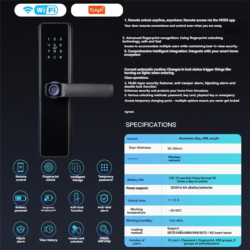 Tuya Zigbee スマートドアロック指紋屋内パスワード指紋リモートロック解除キーカード改ざんアラームバッテリー駆動 Work-Y47A