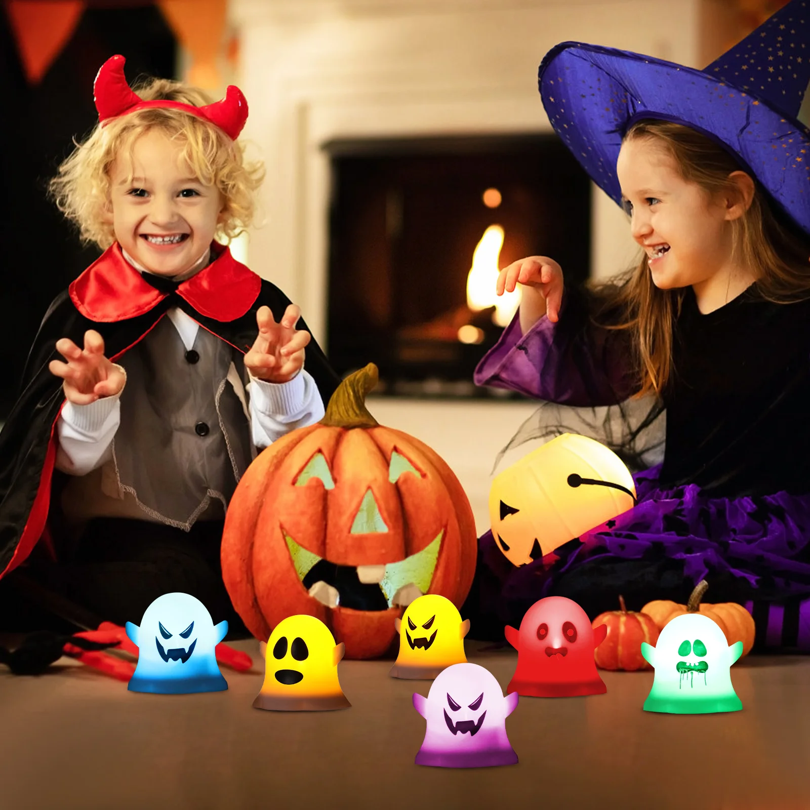 

12pcs Ghost Lamp Halloween Decor Flameless LED Candles Warm Glow Flickering Tea Lights Amber Light for Bedroom Nursery Night