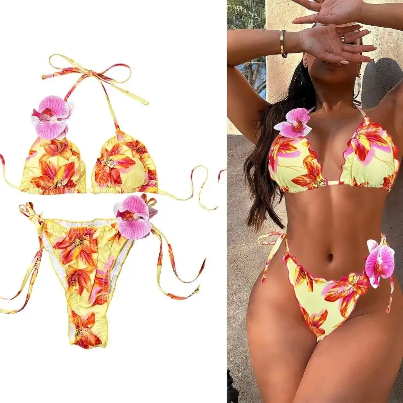 

Ladies Halterneck Thong Swimwears Two Piece Swimsuit Triangular Bathing Suit
