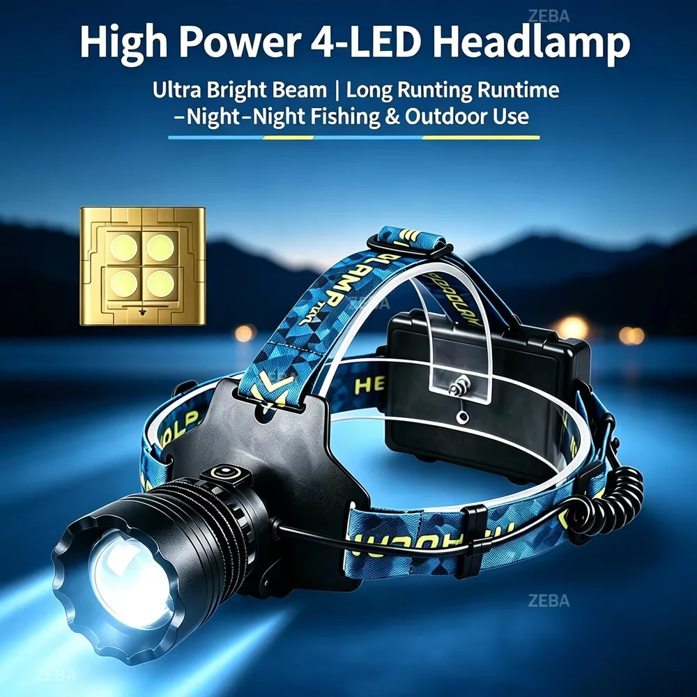 High Power 4-LED Headlamp Long Rang Wick Spotlight Telescopic Zoom Head Lamp Strong Light Headlight For Outdoor Camping Fishing