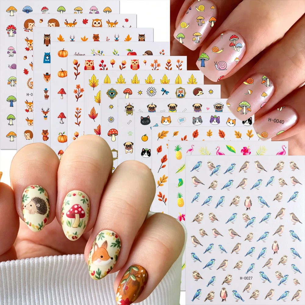 12pcs Autumn Forest Nail Stickers 3D Cartoon Maple Leaves Squirrel Rabbit Bird Floral Adhesive Nail Decals Fall Manicure Sliders
