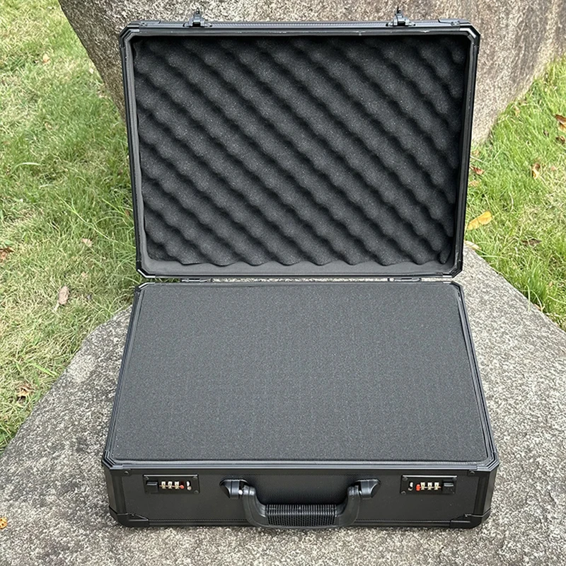 

Large black aluminum alloy handheld toolbox, instrument and equipment sample display box with sponge model