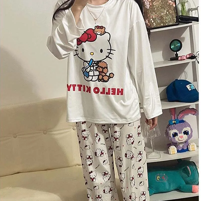 Kawaii Sanrios Hello Kitty Women\'s Pajamas Set Anime Cartoon Students Autumn Winter Polyester Long Sleeved Girls Nightwear Gift