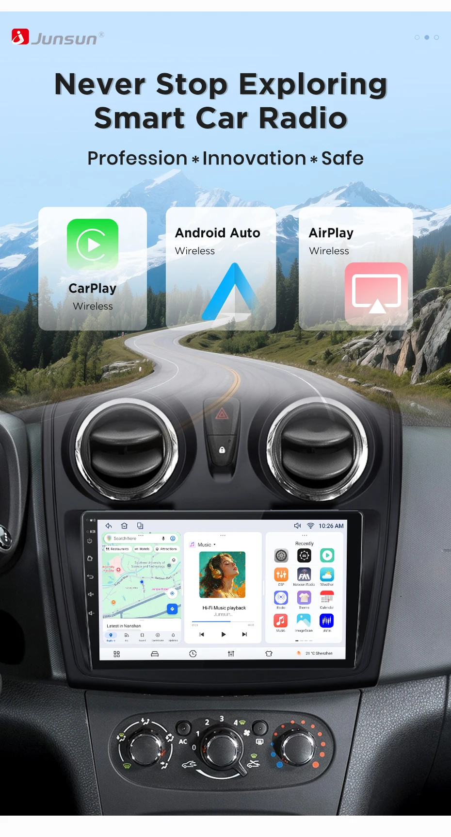 Junsun Wireless CarPlay Android Auto Autoradio für Renault Logan 2 Sandero 2 2014-2019 Intelligente Systeme DSP SWC RDS GPS FM BT – Detail 3
