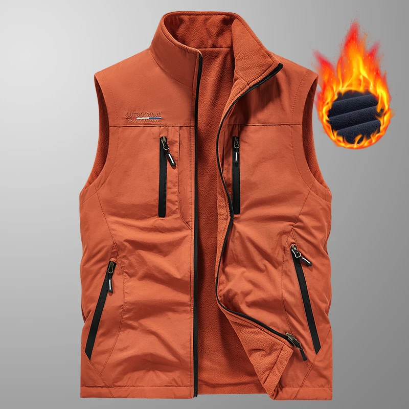 Men Reversible Fleece Vest Stand Collar Warm Sleeveless Jacket Multi Zipper Pockets Outdoor Casual Waistcoat Plus Size M‑6XL Aut