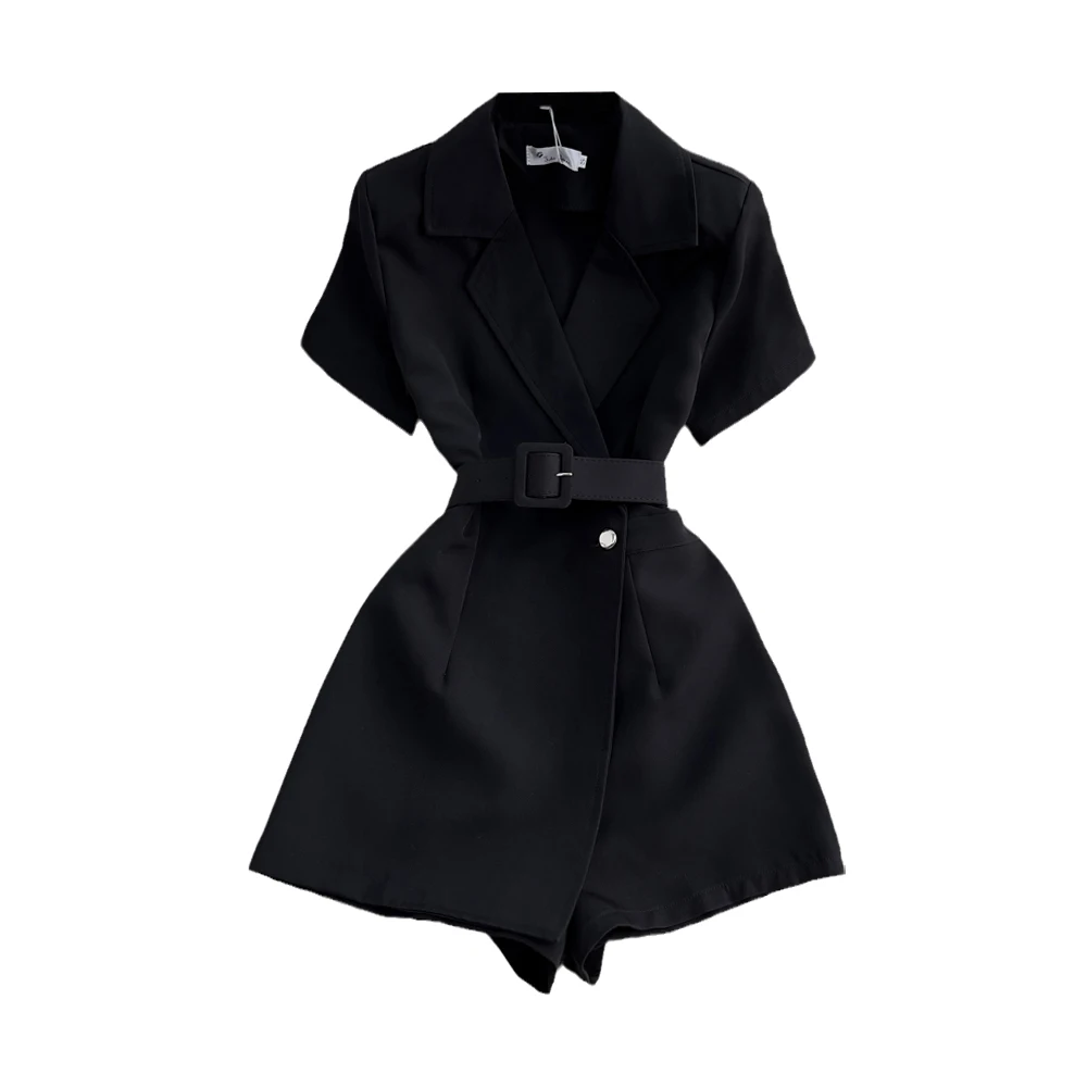 Summer New Women Jumpsuit Black Turn-Down Collar Short Sleeve With Belt Female Shorts Outfit Chic Elegant Ladies Clothing