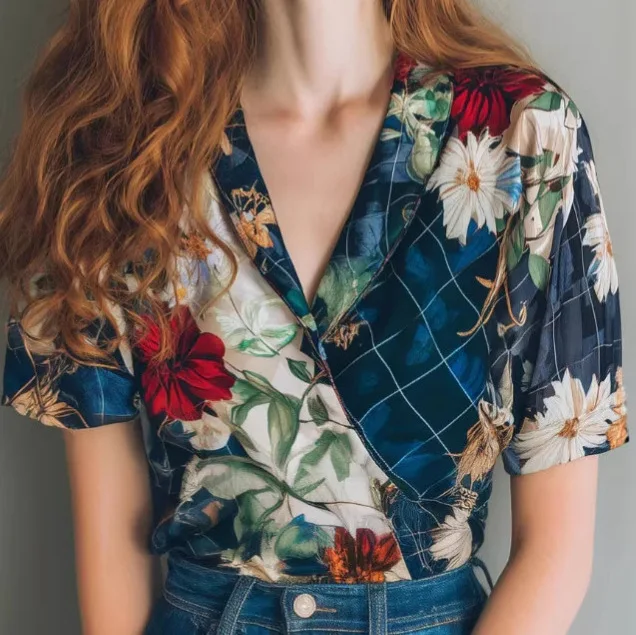 

Винтажная блузка с цветочным принтом, рубашка-поло с коротким рукавом, свободная, в уличном стиле, летняя, новая модная повседневная женская одежда