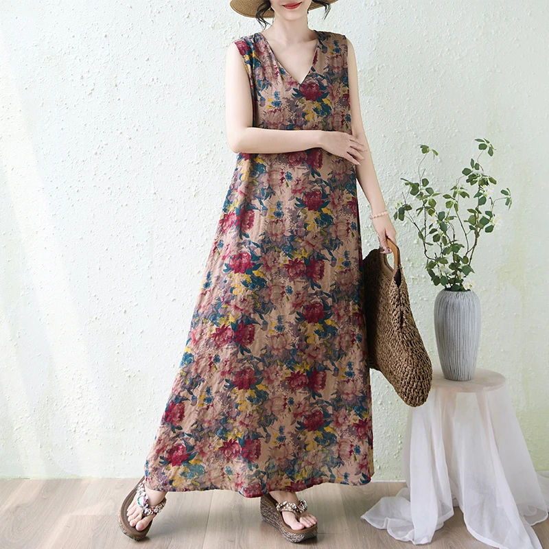 

Elegant Thin Cotton Linen Print Dress Large Size V-Neck Minimalist Sleeveless Vest Wide Hem Beach Skirt Long Dress