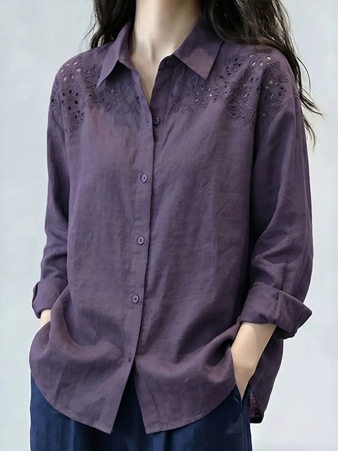 Elegant Hollow out Long Sleeve Women's Shirt Beautiful Purple Korean Style Loose Fit Breathable Cotton Casual Shirt