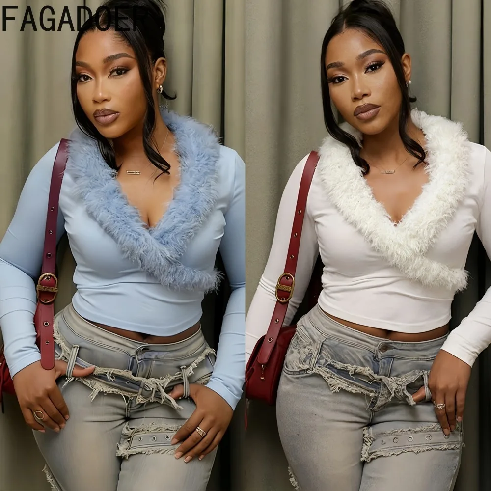 

FAGADOER Sexy Fur Patchwork Bodycon T-shirt for Woman Solid Color Deep V-neck Long Sleeves Crop Top Female Streetwear Clothing