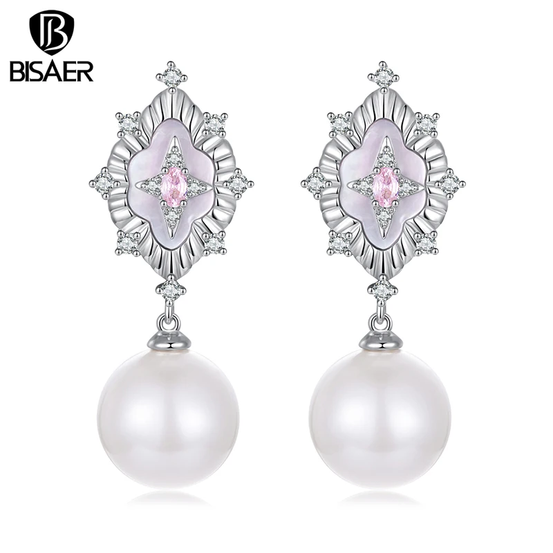 

BISAER Starlight Pink Shell Stud Earrings Star Zircon Stud Ear Plated White Gold For Woman Party Engagement Fashion Jewelry