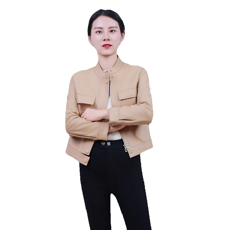 Spring New Sheepskin Women's Genuine Leather Coat Short Standing Collar Motorcycle Leather Jacket Casual Coat