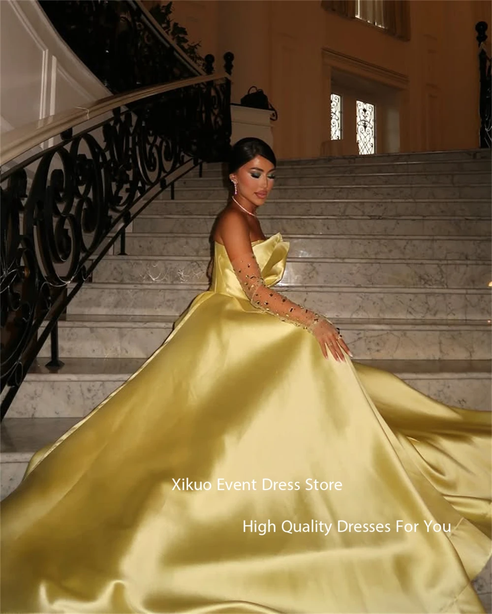 Xikuo Graceful Yellow Satin Evening Dress A Line Strapless Robe Cocktail Femmes Floor Length Sequined Party Prom Gown Customized