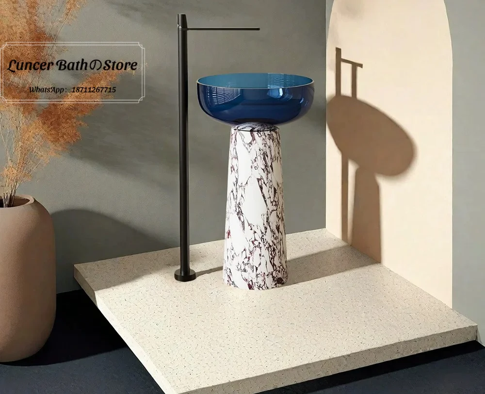 Purple Blue Transparent Floor Standing Pedestal Sink, Balcony Club B&B Bathroom Vanity Column Basin