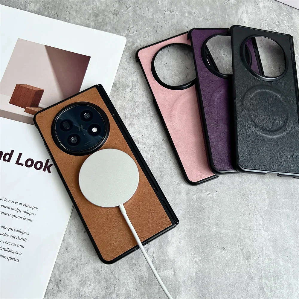 Busine Sle Bla Leather Pattern MagSafe Phone Case for OPPO Find N5 Screen Protector Film Hinge Magnetic Wireless Charging Cover