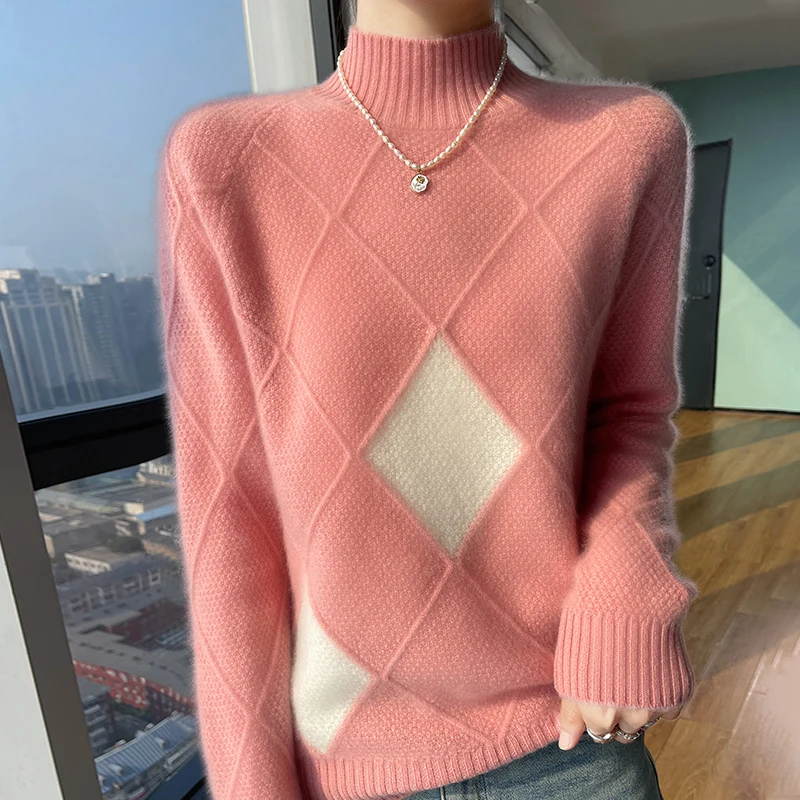 Winter new women\'s sweater 100% pure sweater thick turtleneck pullover color matching diamond cashmere sweater top.