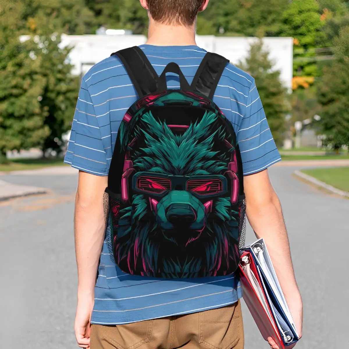 Neon Graffiti Wolf With Headphone Backpack Student BookBag Kids School Bag Computer Shoulder Bags for Boys Girls