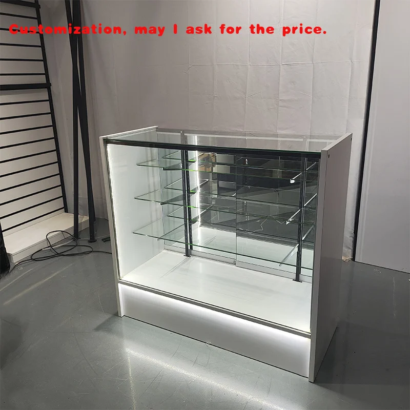 

custom.4ft Wooden Glass showcase with Mirror Sliding Door and Light