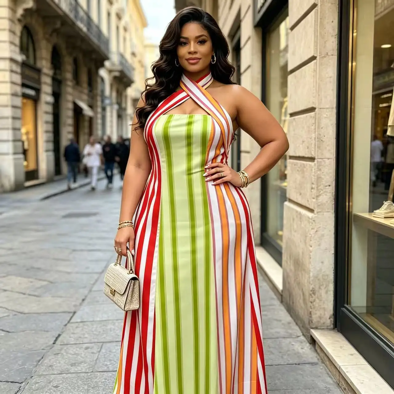 plus Size Women's Striped Maxi Dress Cross Halter Neck Sleeveless Long Dress with Side Split for Summer Beach Party Evening Body
