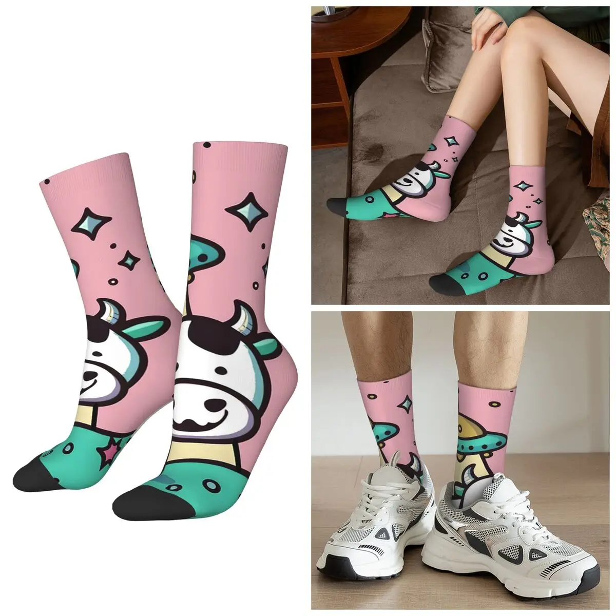 

Всесезонные носки с мультяшным рисунком НЛО и похищенной коровы, спортивные носки средней длины в стиле Харадзюку, повседневные носки для мужчин и женщин, подарок на День святого Валентина