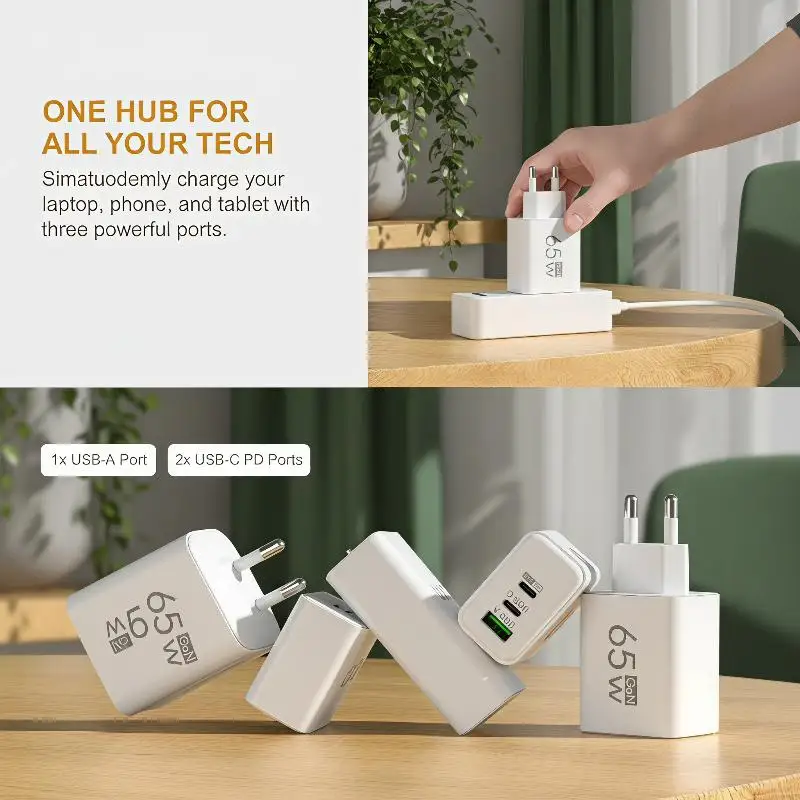 65W GaN Fast Wall Charger EU Plug Dual USB C & USB A Port Portable Fast Charging Adapter for Phone Laptop Travel Use