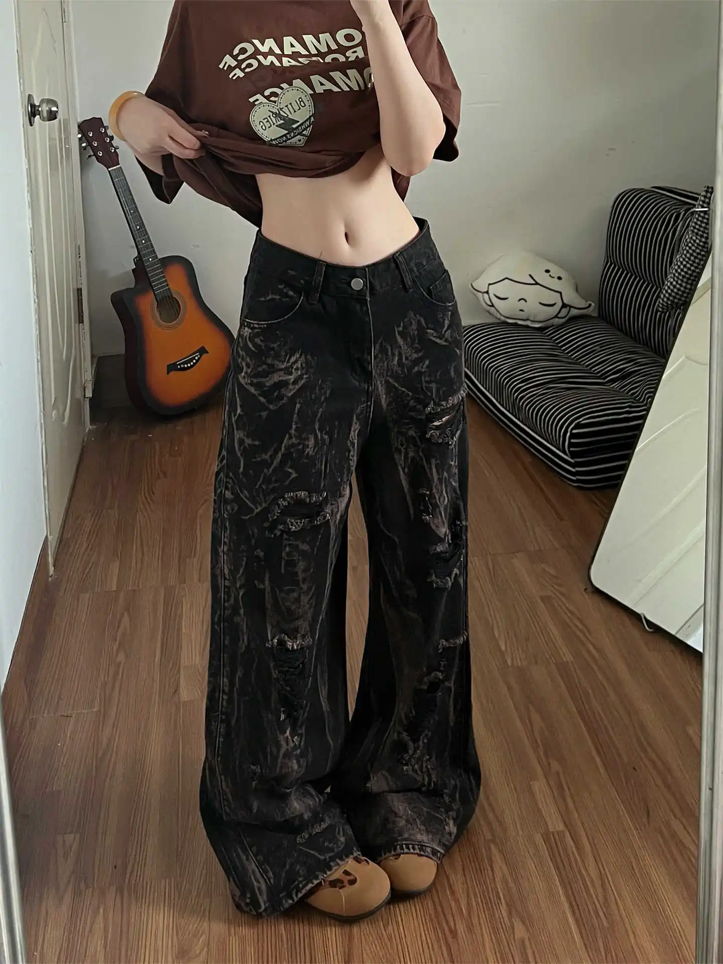 

Женские джинсы в стиле панк, широкие, рваные, в стиле гоблин-кор, гранж, Y2K, американское ретро, дарк-академия, японский Харадзюку