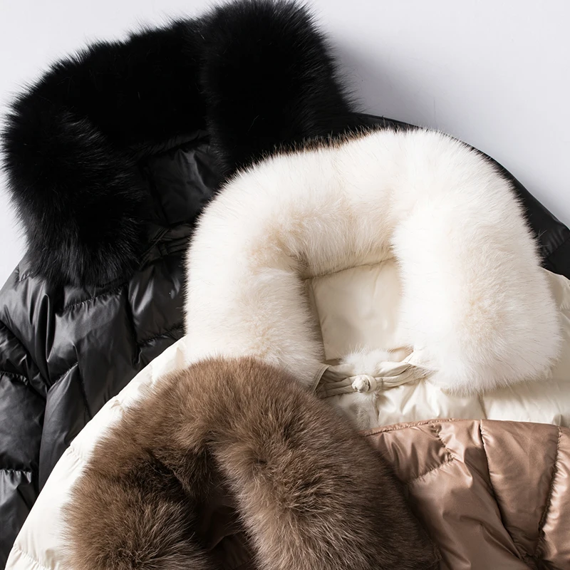 Collo in vera pelliccia di volpe invernale da donna 90% piumino d'anatra bianco da donna corto caldo piumino Parka vintage allentato femminile