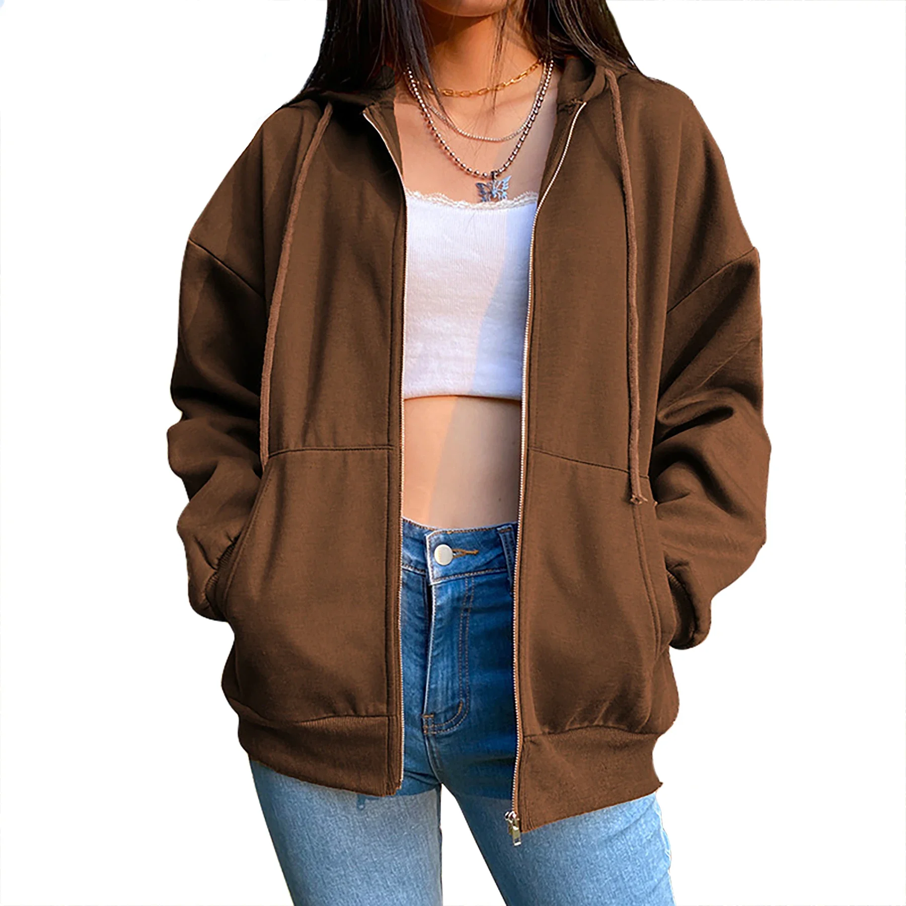 2024 Womens Sweatshirt Zipper Cardigan Hoodie Fashion Casual Versatile Solid Color Coat Fitness Sport Jogging Lady Top Clothing