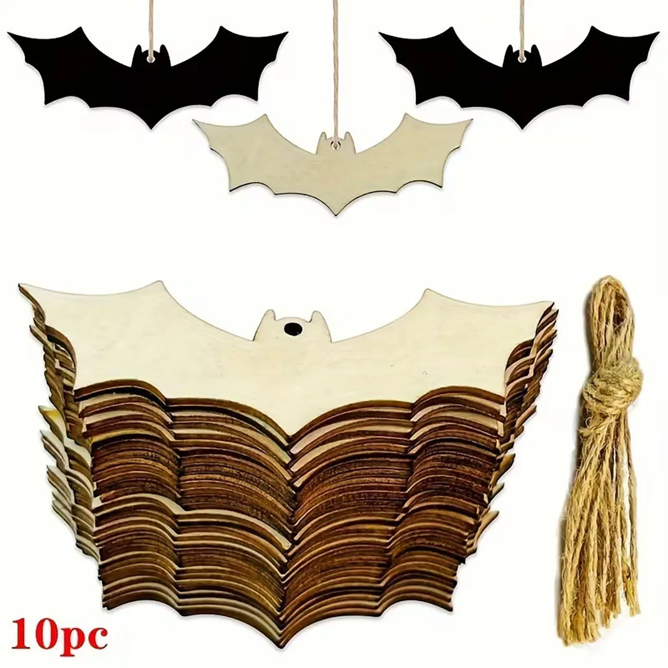 10 Pcs Blank Wooden Bat Ornaments Unfinished Wood Cutouts with Rope for DIY Craft Halloween Hanging Decor