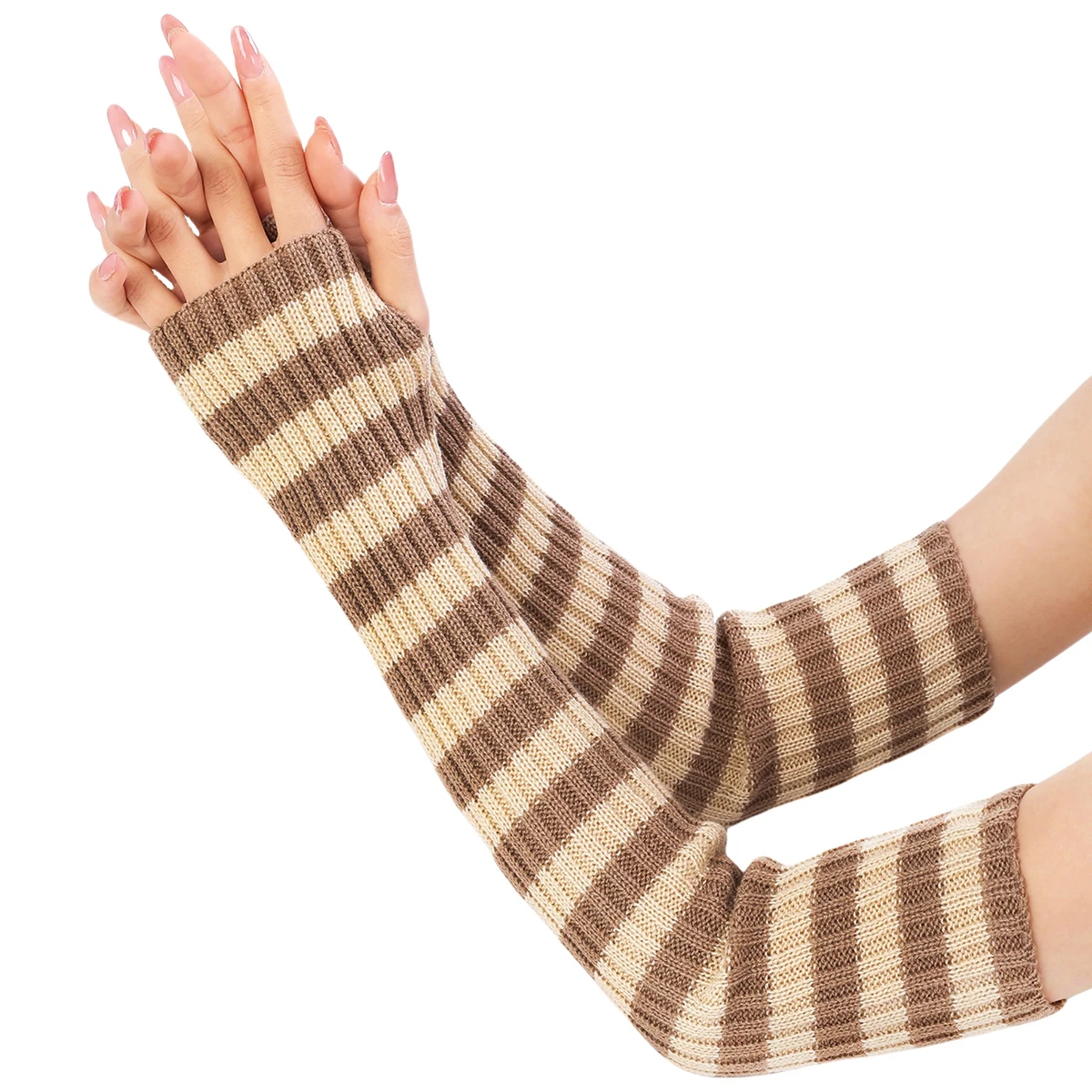 Womens Arm Warmer Girls Winter Autumn Long Arm Sleeve Stripes Knitted Mitten Fingerless Glove Stretchy Elbow Length Wrist Warmer