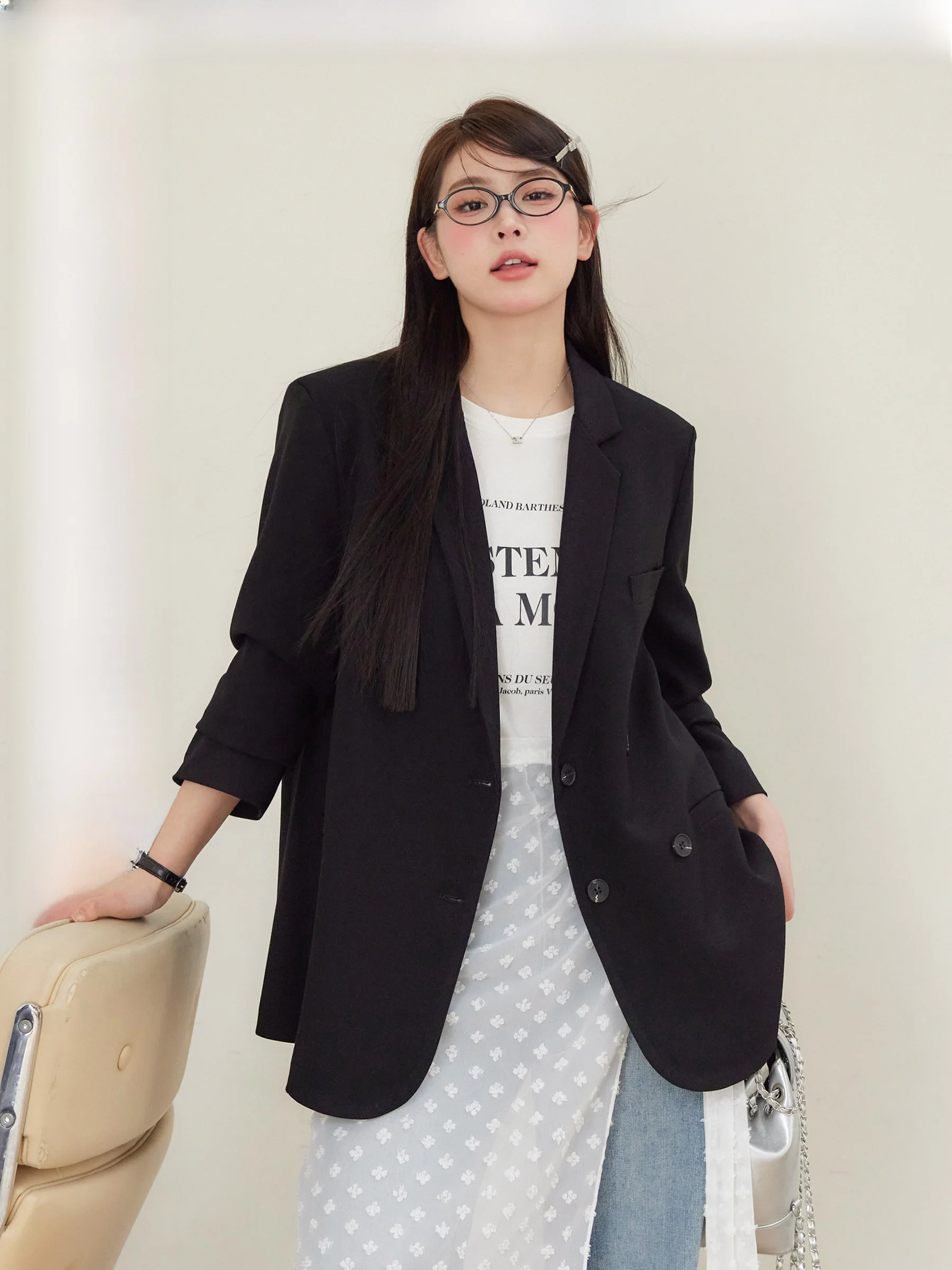 

Костюм-пиджак свободного кроя Juu Studio Ban Weekly, черный, больших размеров, женская модная верхняя одежда, весна 2024