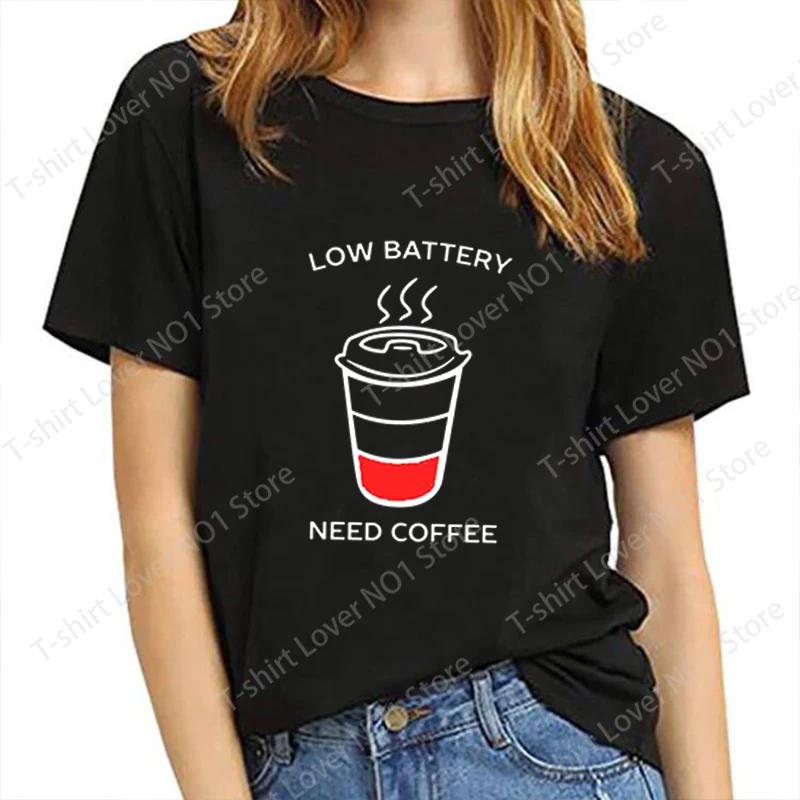 New Funny Low Battery Need Coffee Graphic Print T-shirt Cool Summer Coffee Soft Harajuku Short Sleeve Plus Size Tops