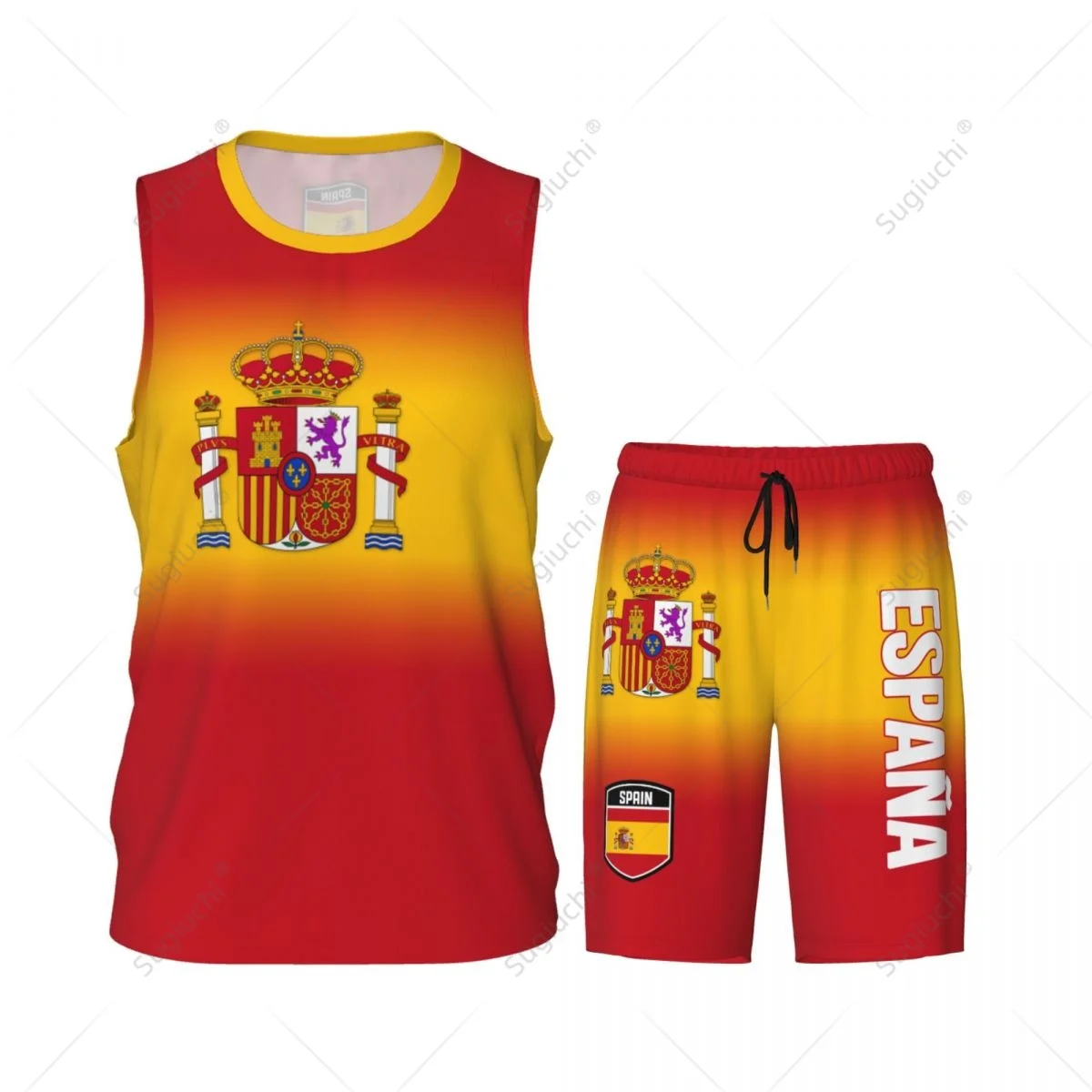 Men Spain Flag Basketball Jersey Set Mesh Shirt & Pants Sleeveless Exclusive Team-up Custom Name Nunber Unisex