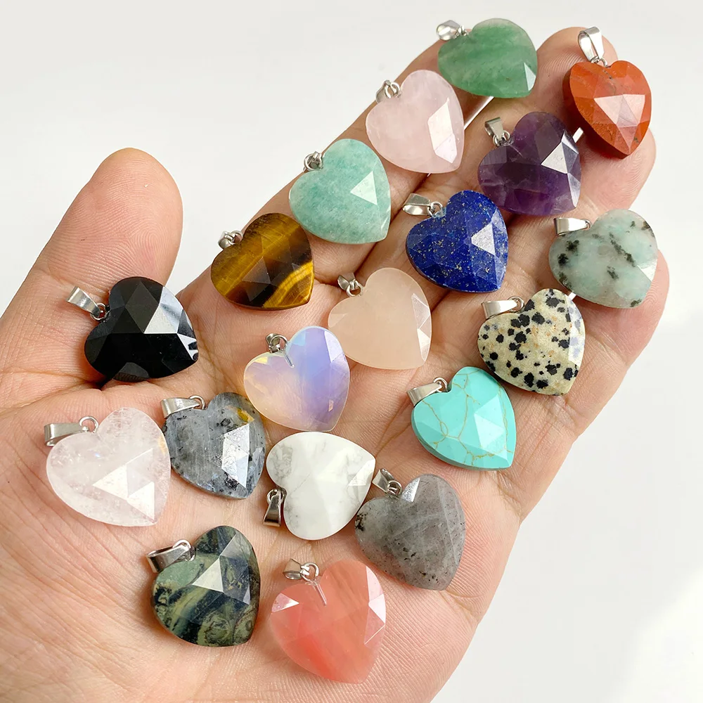 1 Pieza de Colgante de Corazón Facetado de 20 mm, Piedra Natural de Cuarzo Rosa, Cristal Turquesa, Ojo de Tigre, Aventurina, para Fabricación de Joyas, Collar DIY