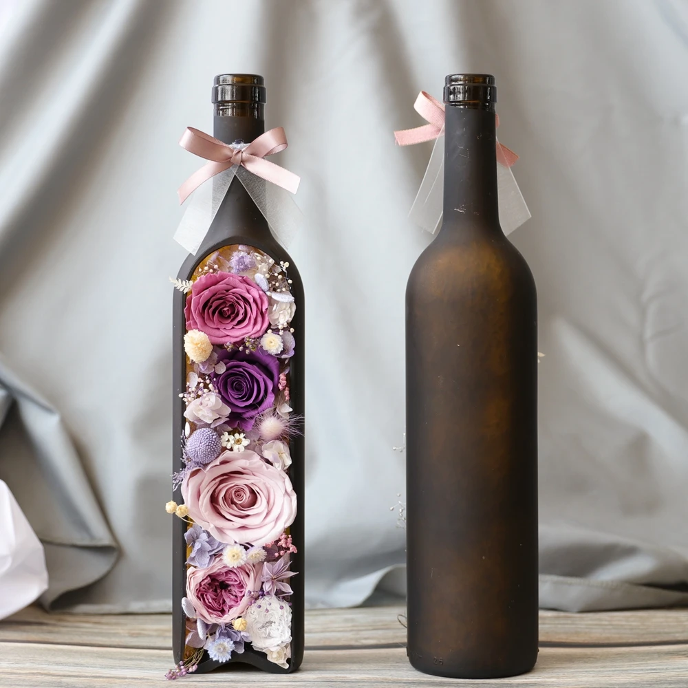 

Unique Gift Valentines Day Wine Bottle Home Decor Handmade Enchanted Rose and Preserved Flowers Decorate