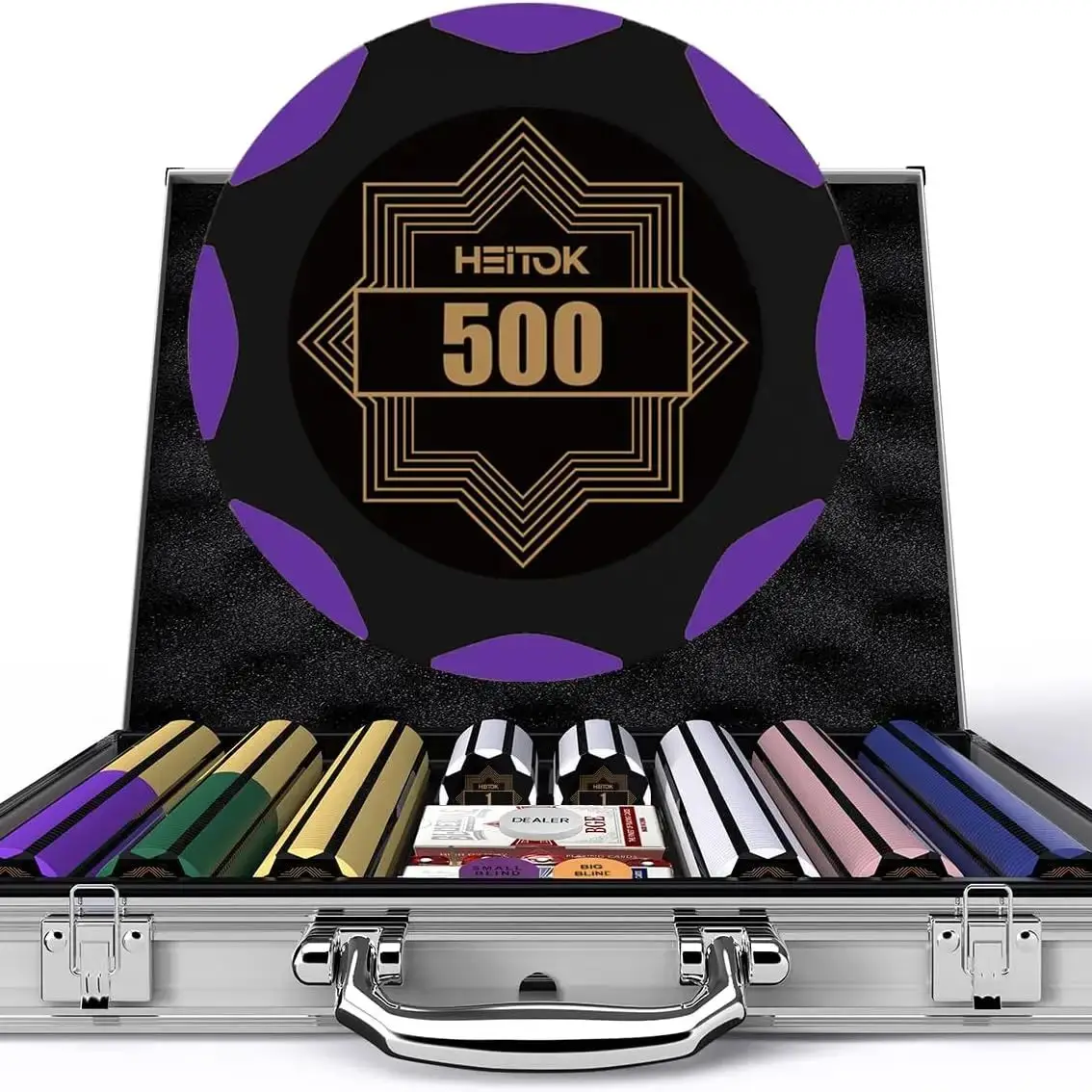 

HEITOK 500pcs 14g Clay Poker Chip Set with Denominations & High-end Carrying Case, Professional Casino Set for Texas Hold’em