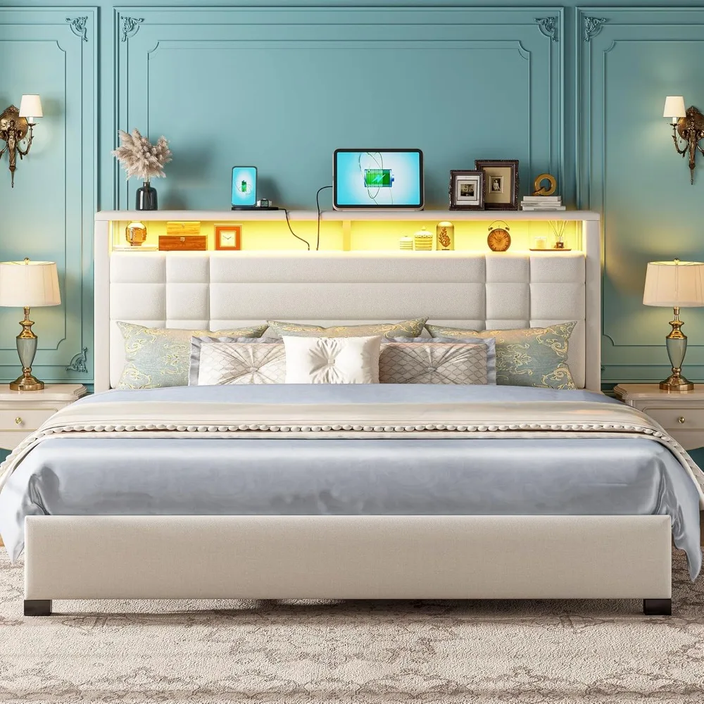 

Customizable King Size Frame with Charging Station and LED Lights, King Bed Frame with 2-Tier Storage Headboard