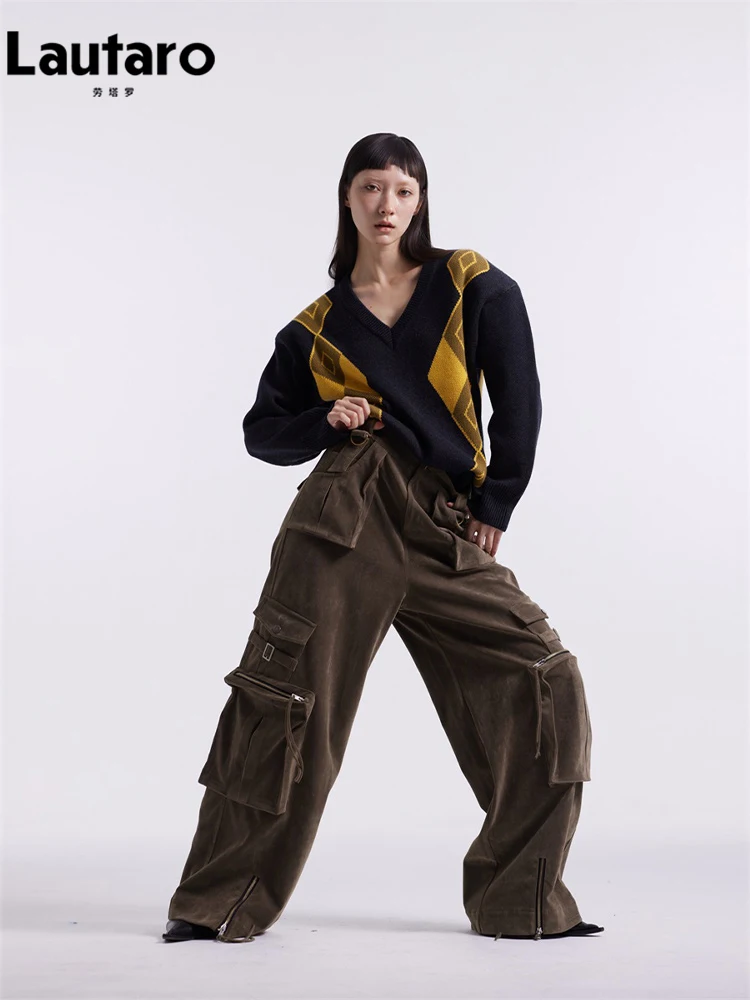 Lautaro Spring Autumn Loose Cool Suede Faux Leather Cargo Pants for Women with Many Pockets Emo Runway European Fashion 2023