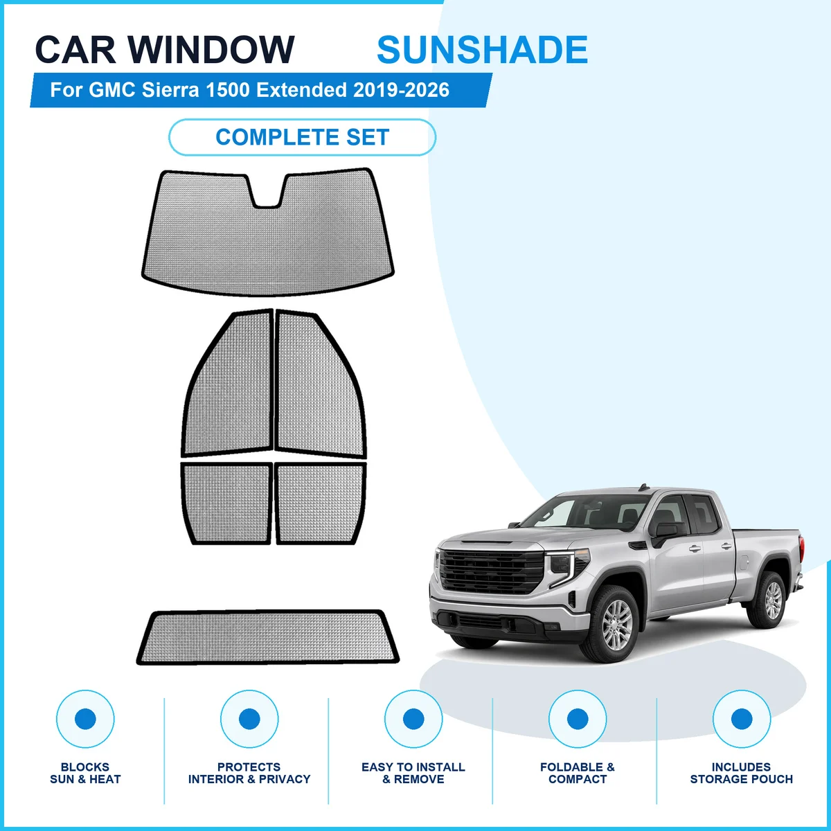 For GMC Sierra 1500 Extended 2019-2026 Custom Full Set Window Sunshades Aluminum Foil Suction Cup Anti UV Privacy