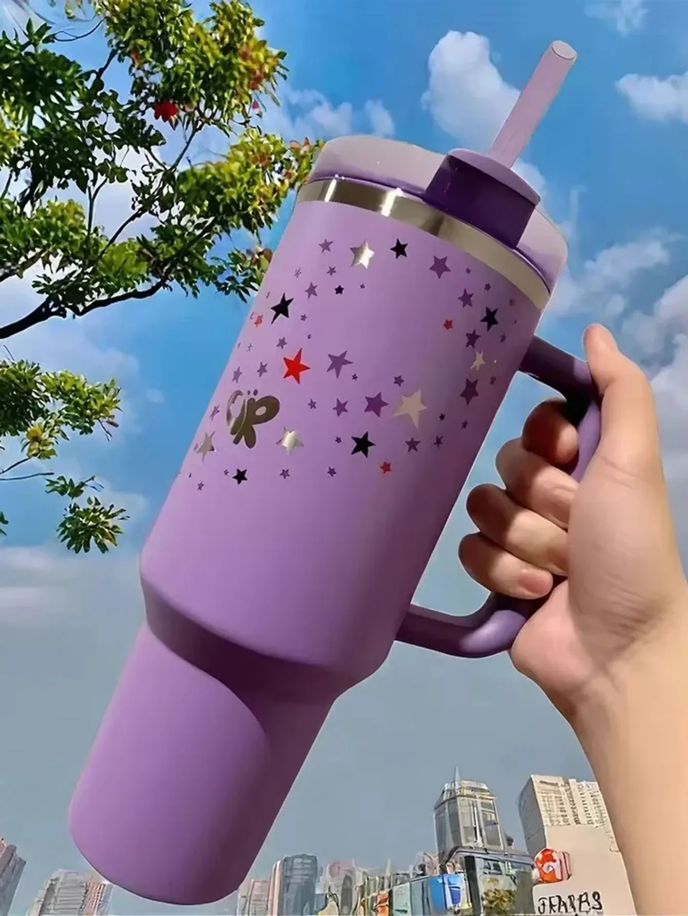 40oz Straw Mug with Lid Handle Stainless Steel Vacuum Mug Touring Car Cup Large Capacity Travel Water Bottle Purple Stars Mugs