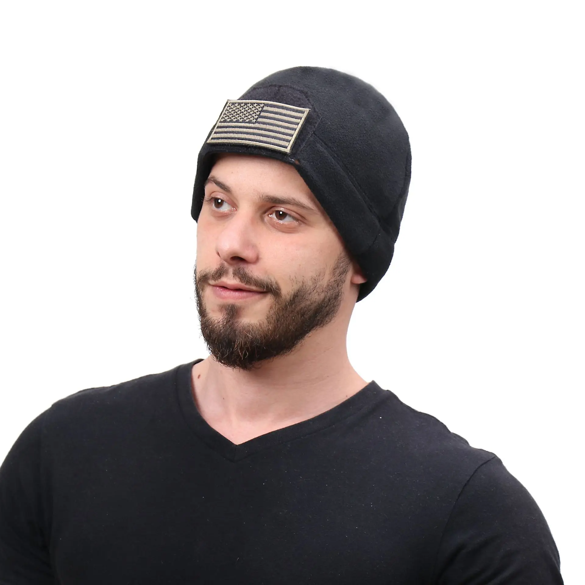 Fleece Winter Hat With Hook‑and‑Loop Strap, Warm Windproof Tactical Cap for Outdoor Field Activities