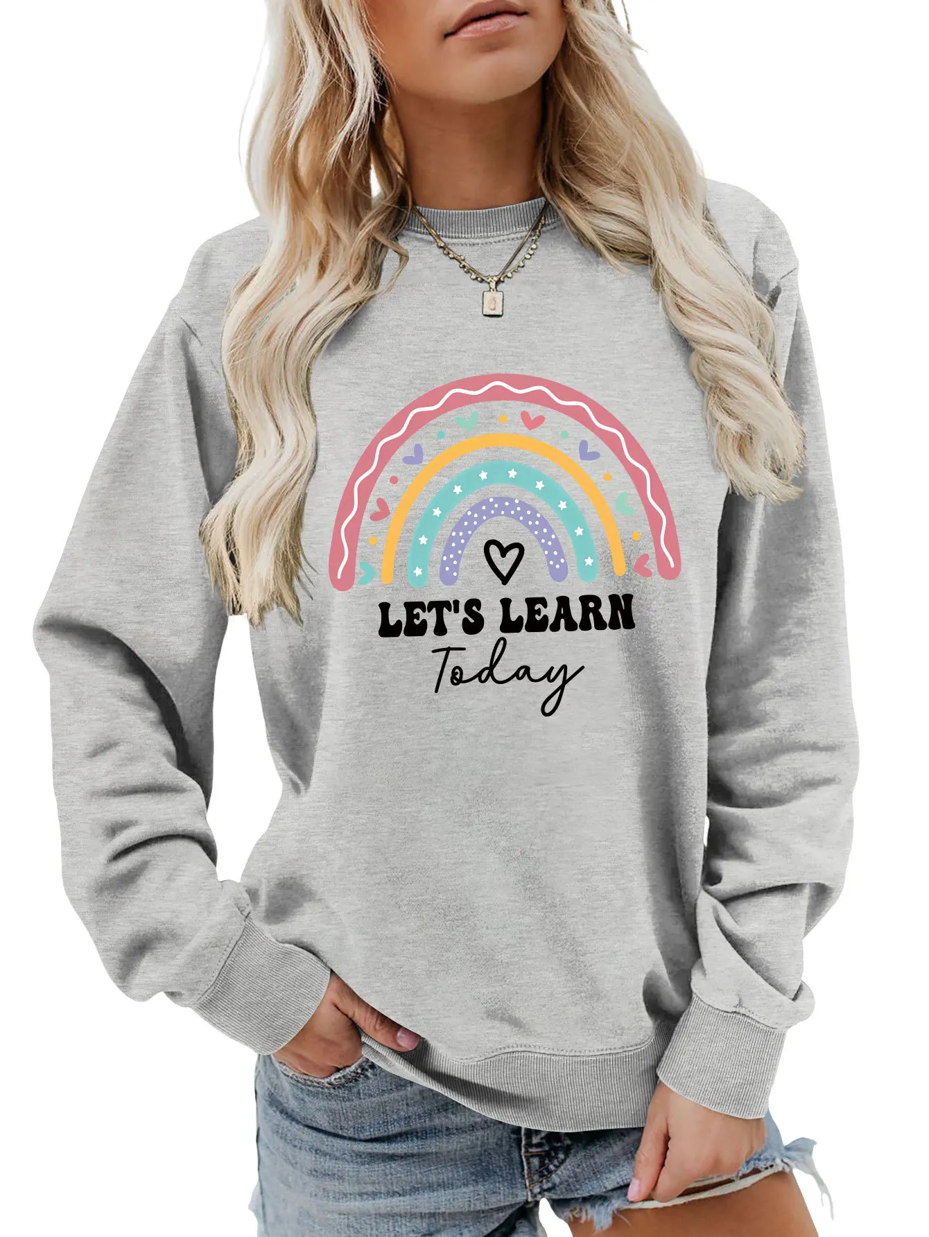 Autumn new crew-neck casual T-shirt hoodie rainbow let's learn today printed ladies loose long-sleeved top with all fashion pull