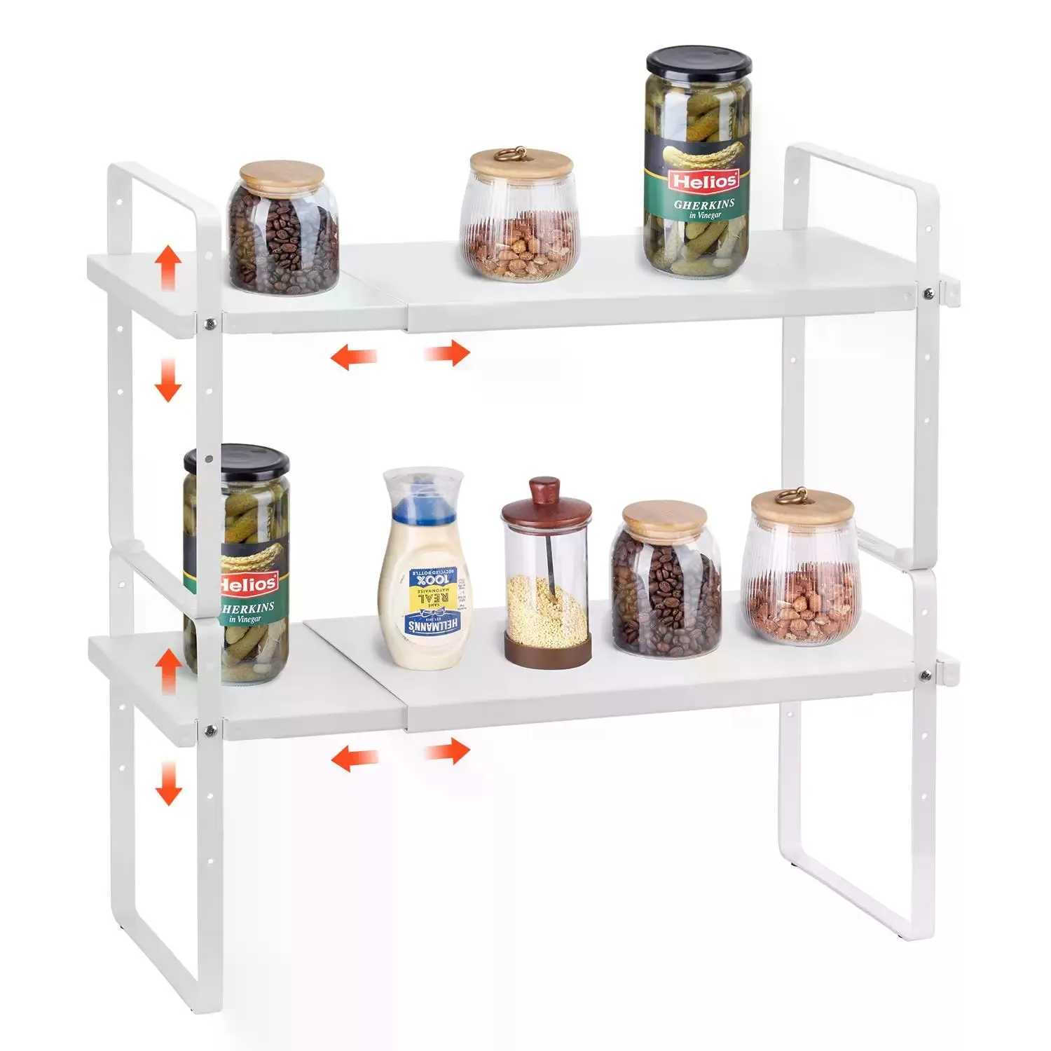 Metal Racks 2-Tier Shelving & Storage, Expandable Stackable Home Supplies, Multifunctional Countertop Shelf Risers with Screws and Nuts for Kitchen Pantry Office, White, Display Shelf, Utensils